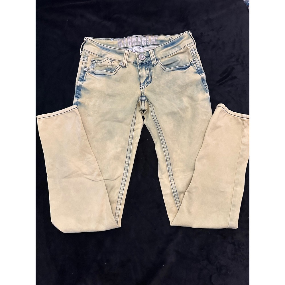 Hydraulic Yellow Acid Wash Skinny Jeans Low Rise Blue Stitching Size 1/2 Y2K